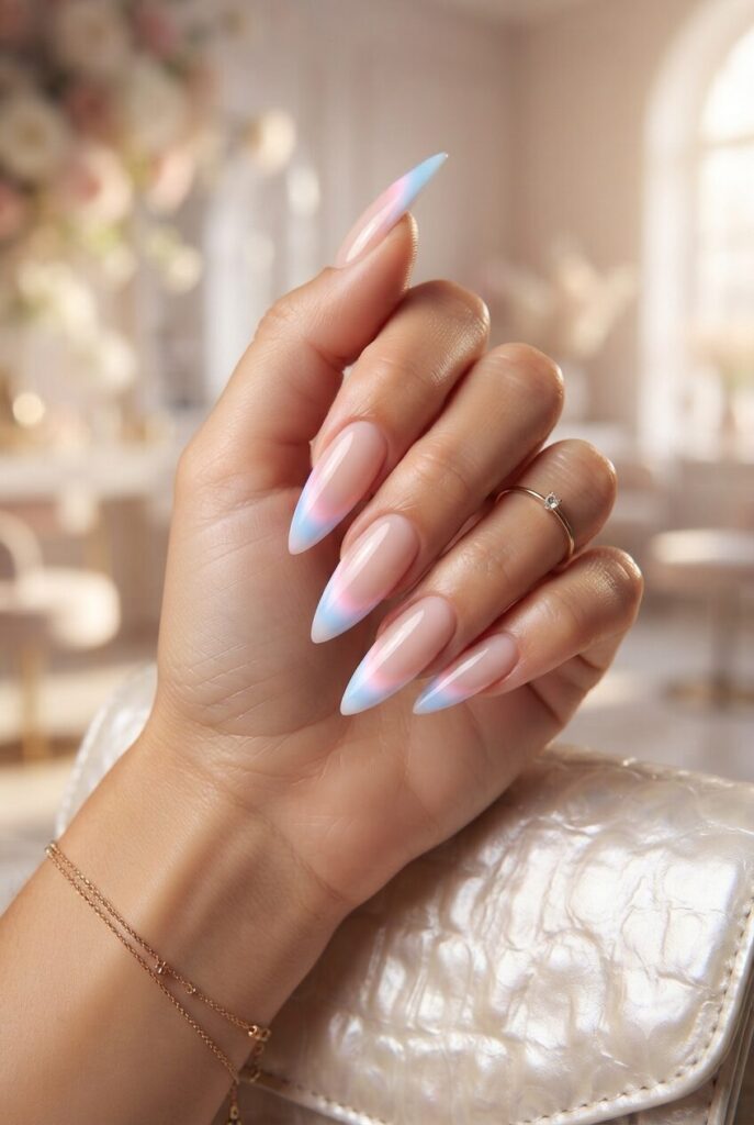Long stiletto nails with soft aura glow French tips