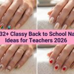 Collage of classy back to school nail ideas for teachers 2026 with neutral designs