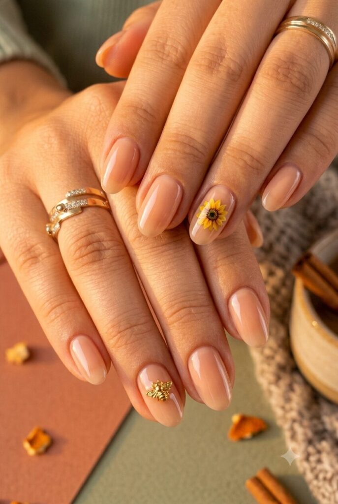 Short almond nails with bee and sunflower late-summer accent art