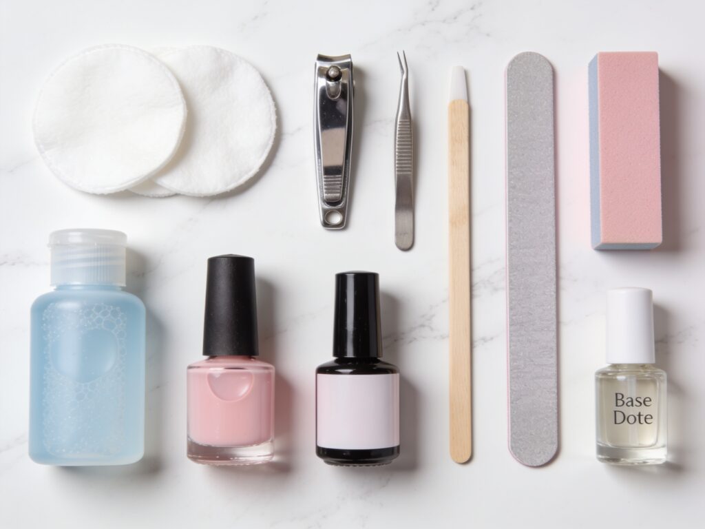 Tools used in an at home manicure guide for beginners including nail file polish and cuticle oil