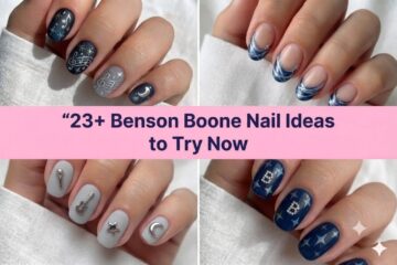 Collage of Benson Boone nail ideas for 2026 with dreamy blue concert designs