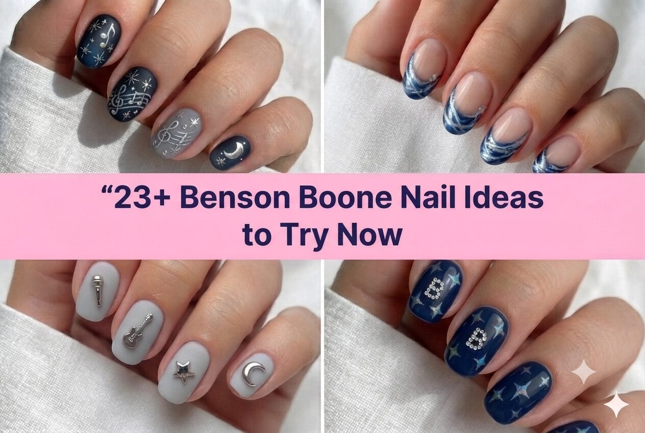 Collage of Benson Boone nail ideas for 2026 with dreamy blue concert designs
