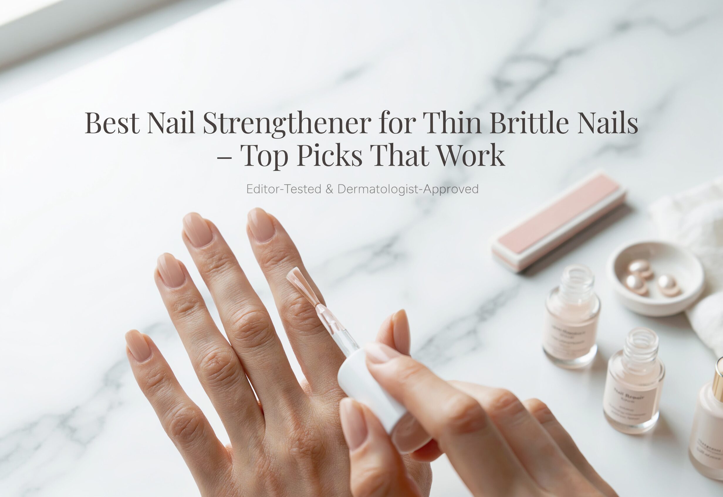 Best nail strengthener for thin brittle nails featured image showing strengthener application on natural nails