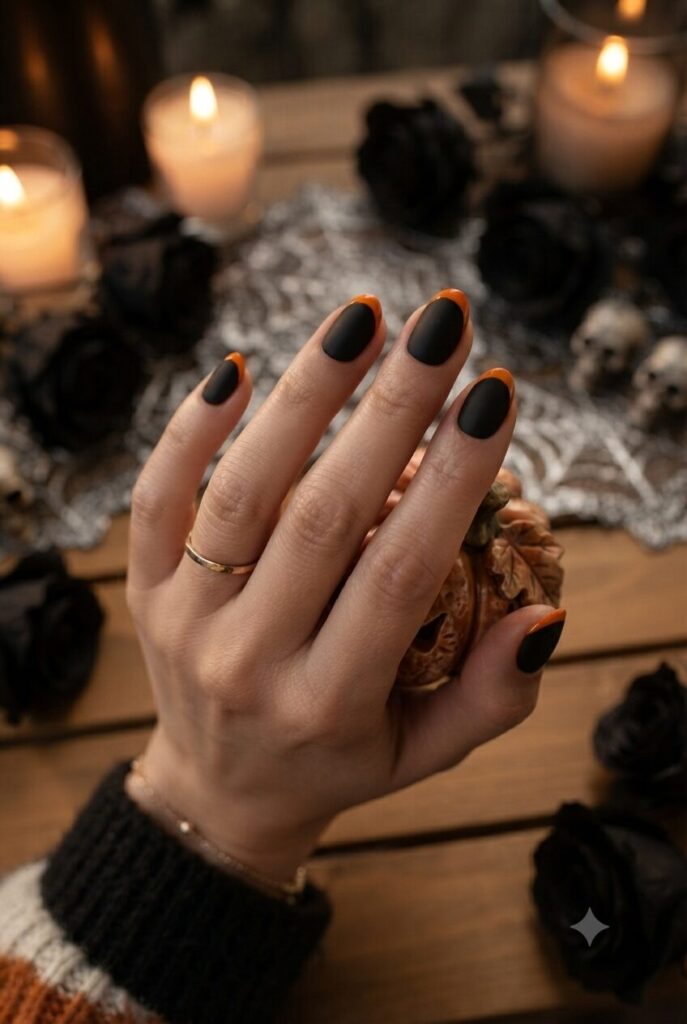 Short almond nails with matte black polish and bold orange French tips