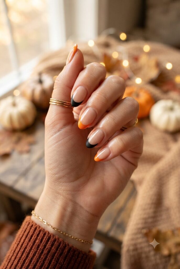 Short almond nails with alternating black and orange French tips
