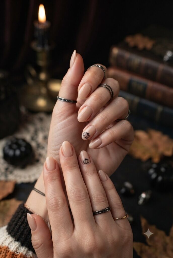 Short almond nails with nude base and tiny black pumpkin outline accents