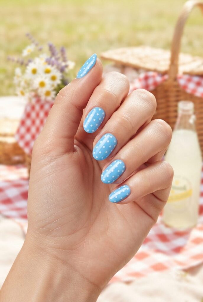 Short almond nails with bright blue base and tiny white polka dots