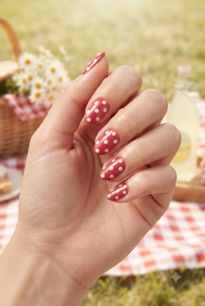 Short almond nails with soft red base and bigger white polka dots