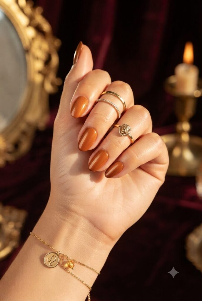 Short almond nails with bold glossy copper orange polish