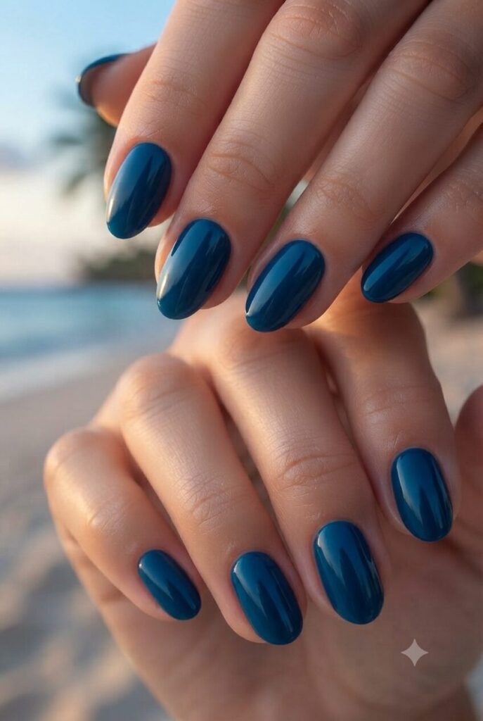 Short almond nails with bold glossy deep ocean blue polish