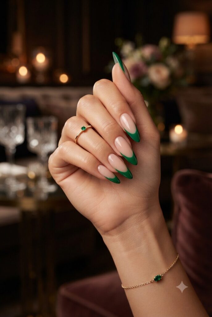 Long stiletto nails with bold emerald green French tips