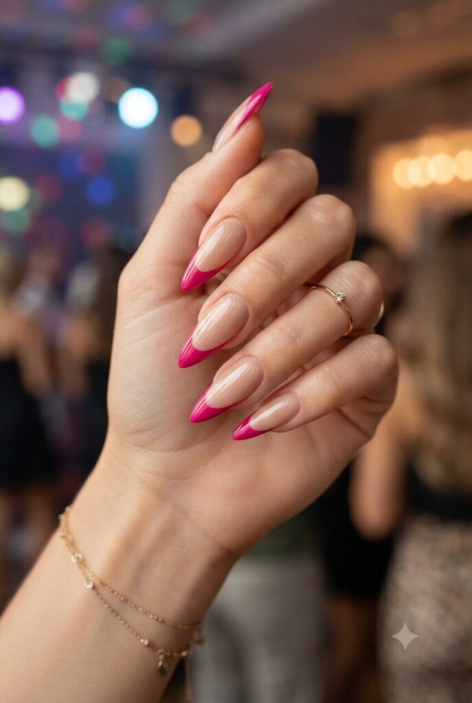 Long stiletto nails with bold fuchsia pink French tips