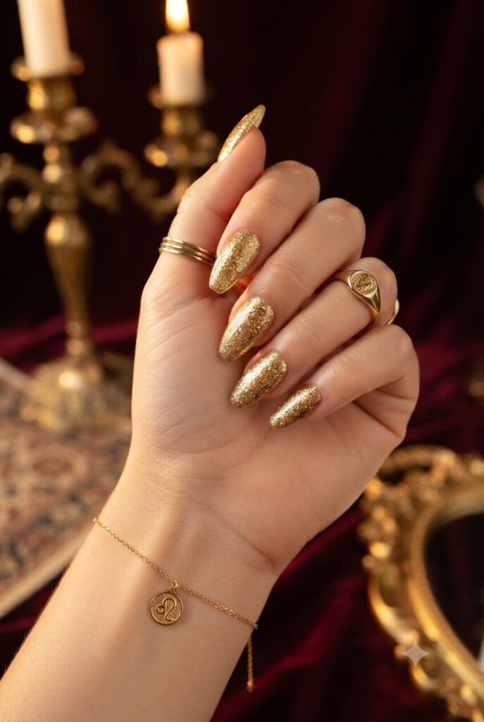 	Almond coffin nails with bold gold glitter sparkly finish