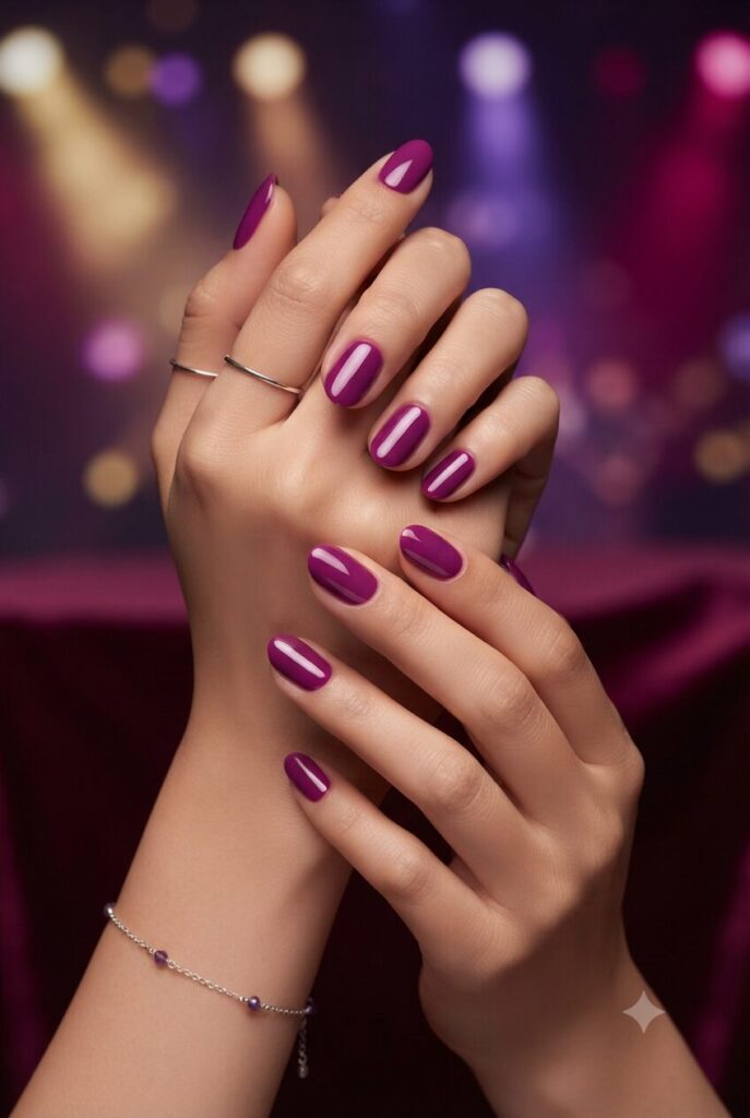 Short almond nails with bold glossy magenta purple polish
