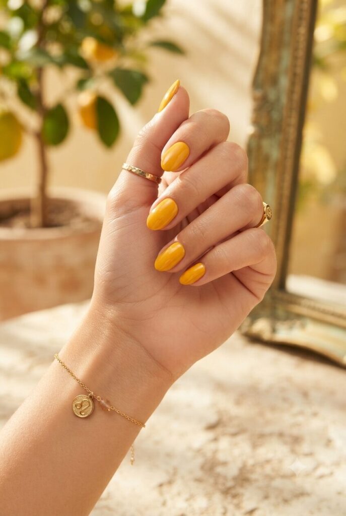 Short almond nails with bold glossy marigold yellow polish