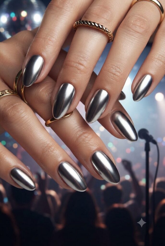 Short almond nails with bold glossy metallic silver polish