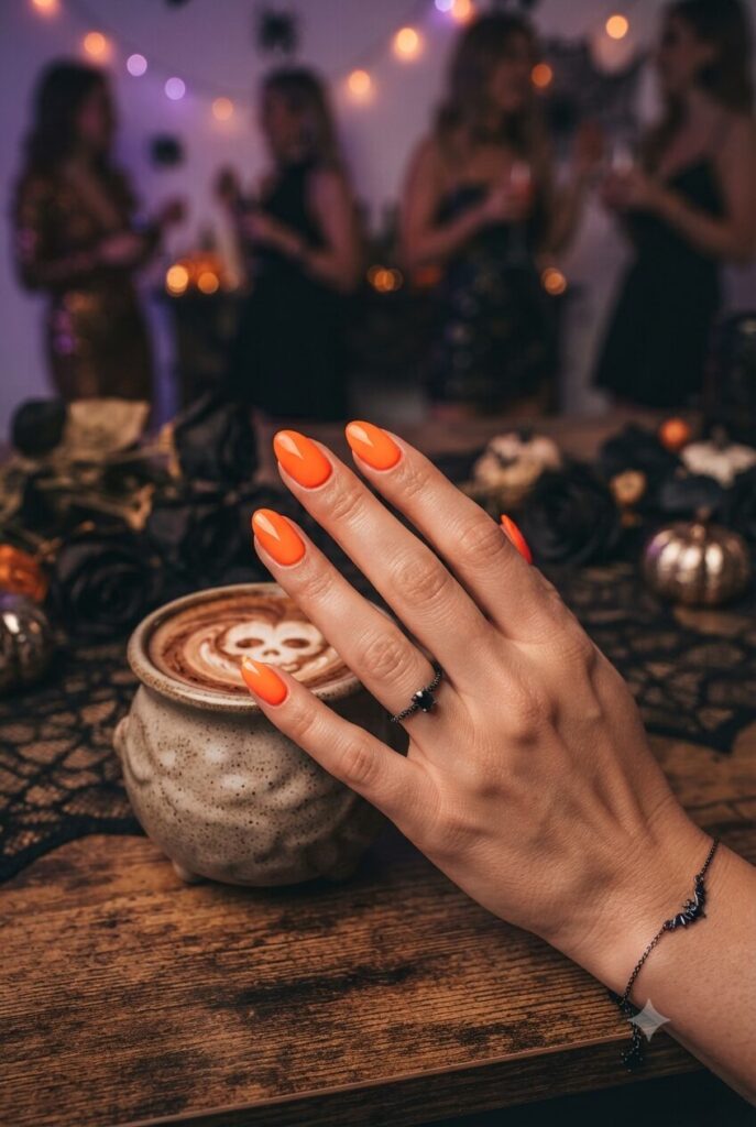 Short almond nails with bold glossy neon orange polish
