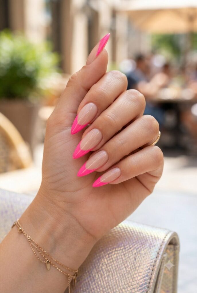 Long stiletto nails with bold neon pink French tips