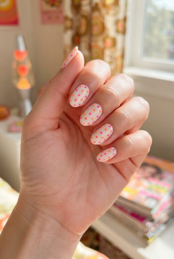 Short almond nails with white base and tiny neon pink and orange dots