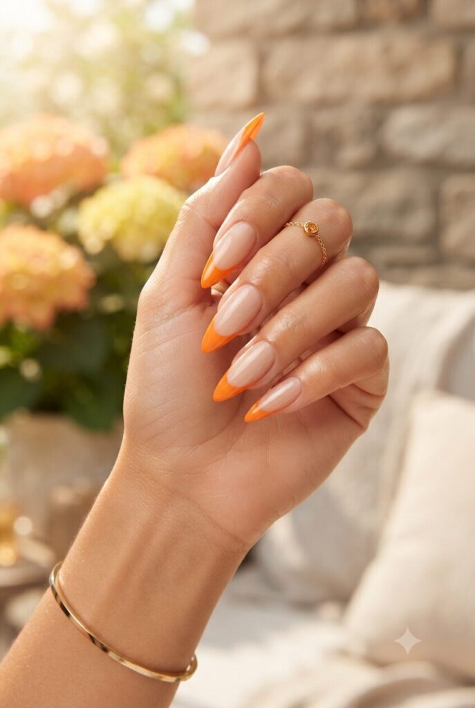Long stiletto nails with bold orange French tips