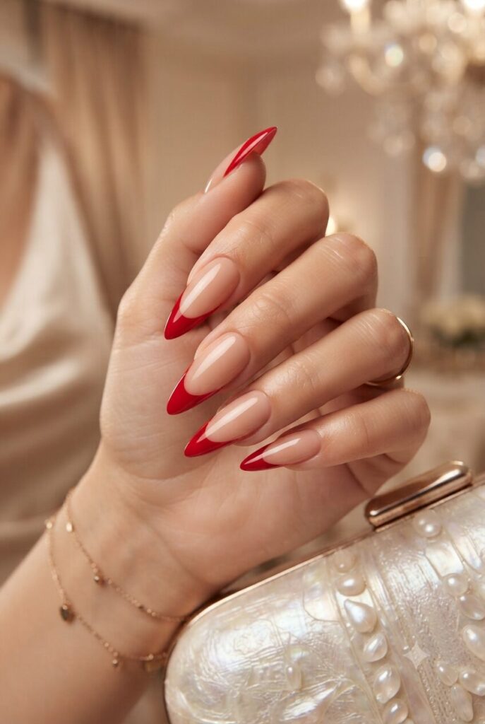 Long stiletto nails with bold cherry red French tips