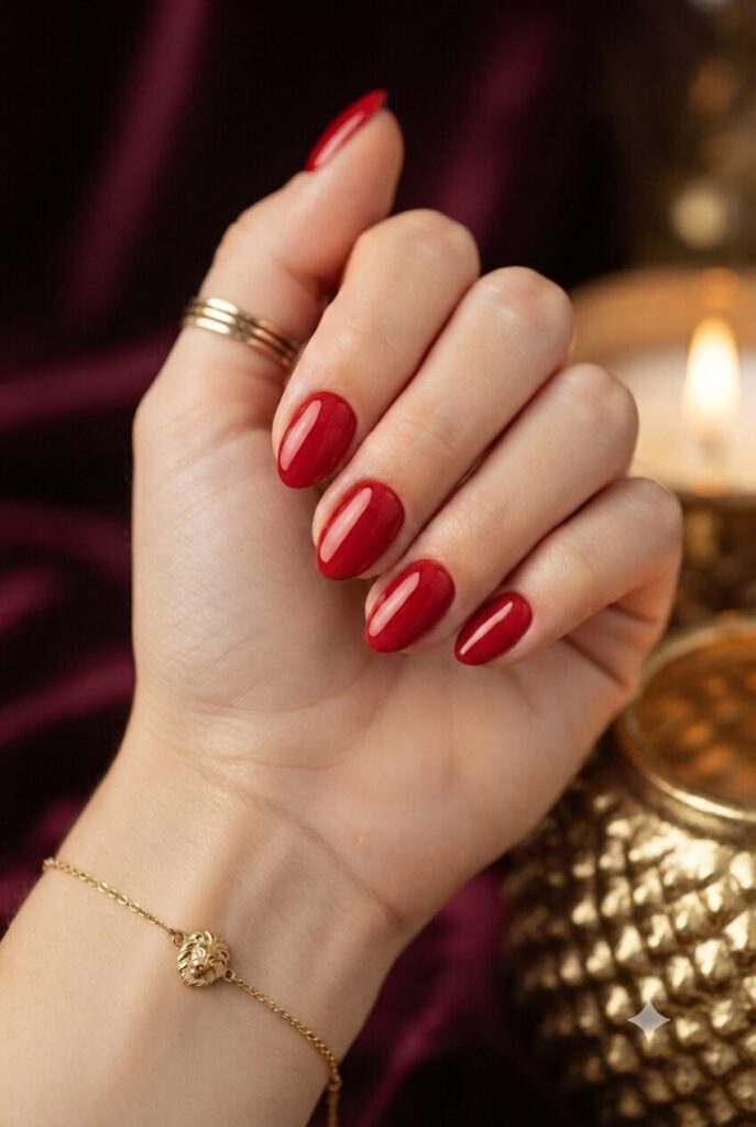 Short almond nails with glossy bold red fiery polish