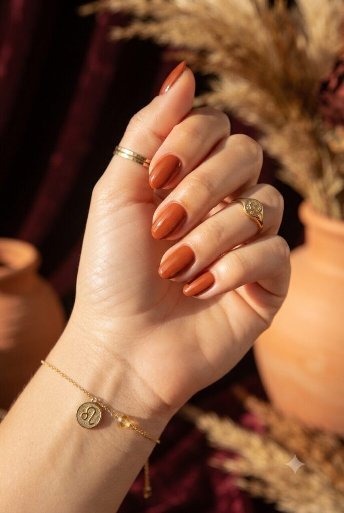 Short almond nails with bold glossy rust orange warm polish