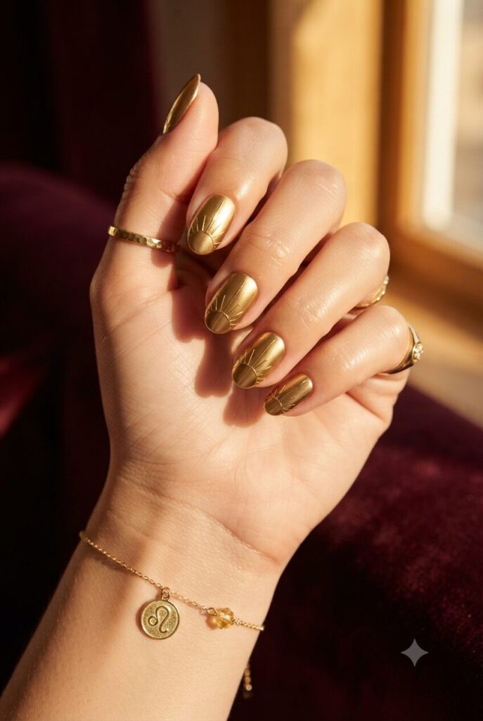 Short almond nails with gold base and tiny sunburst line accents