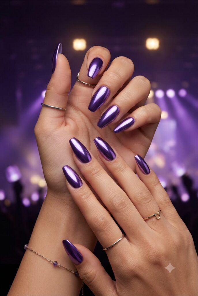 Almond coffin nails with bold violet chrome mirror polish