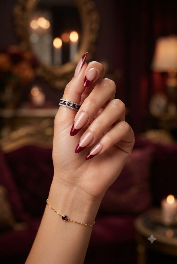 Long stiletto nails with bold wine red French tips