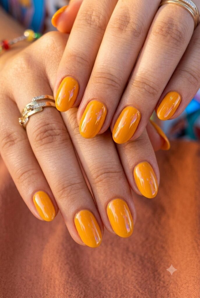 Short oval nails with bright marigold orange glossy polish