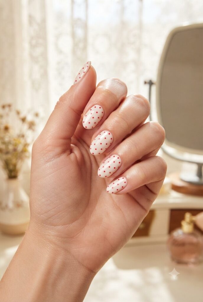 Short almond nails with white base and tiny bright red polka dots