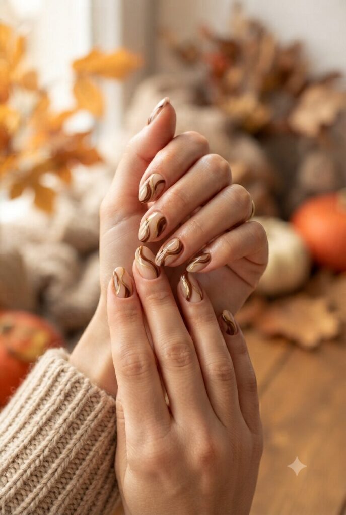Short almond nails with brown and gold swirl art