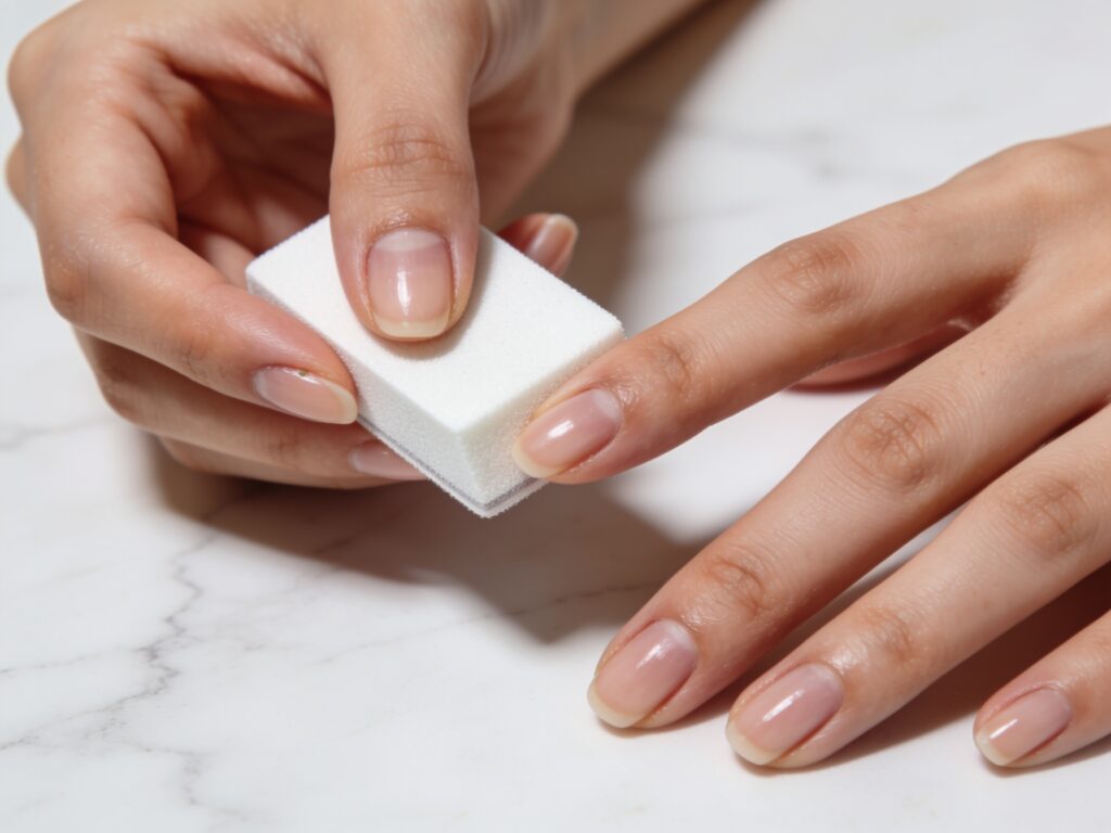 Buffing nails during an at home manicure guide for beginners before polish application
