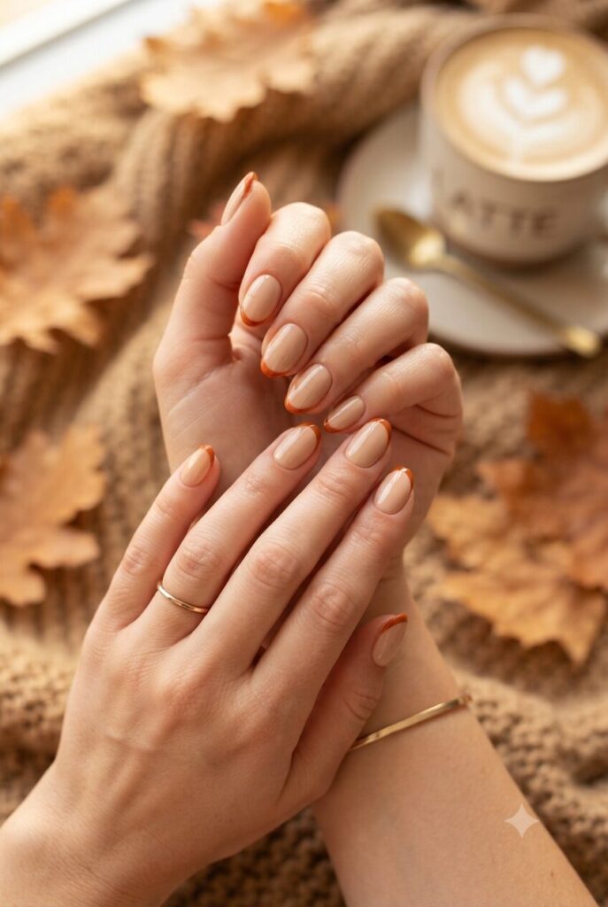 Short almond nails with burnt orange French tips