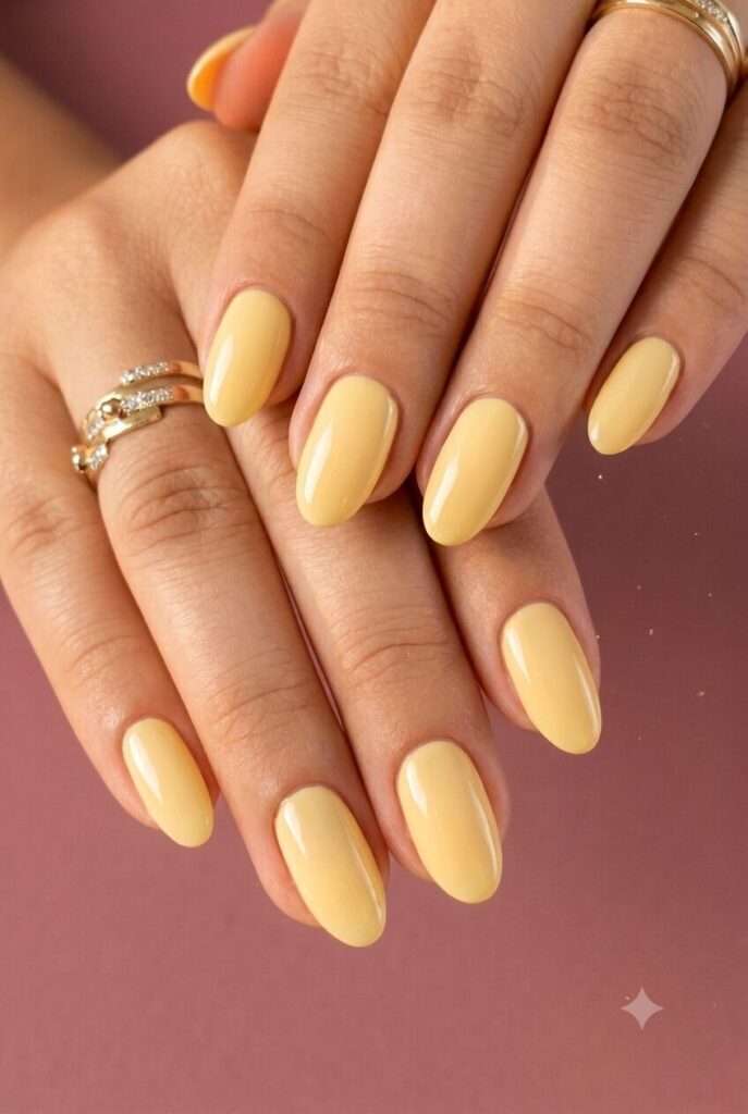 Short oval nails with soft buttercream yellow glossy polish