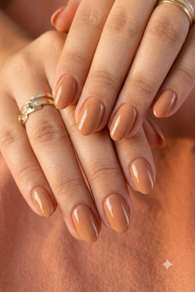 Short almond nails with glossy soft caramel cream polish