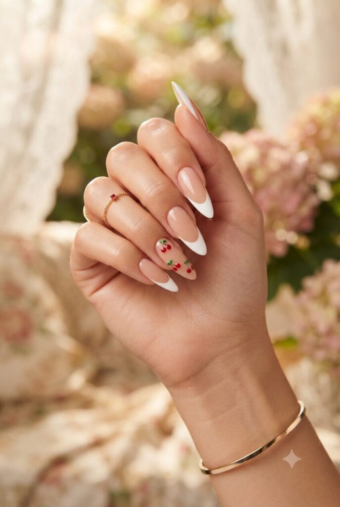 Long stiletto nails with white French tips and tiny red cherry accents