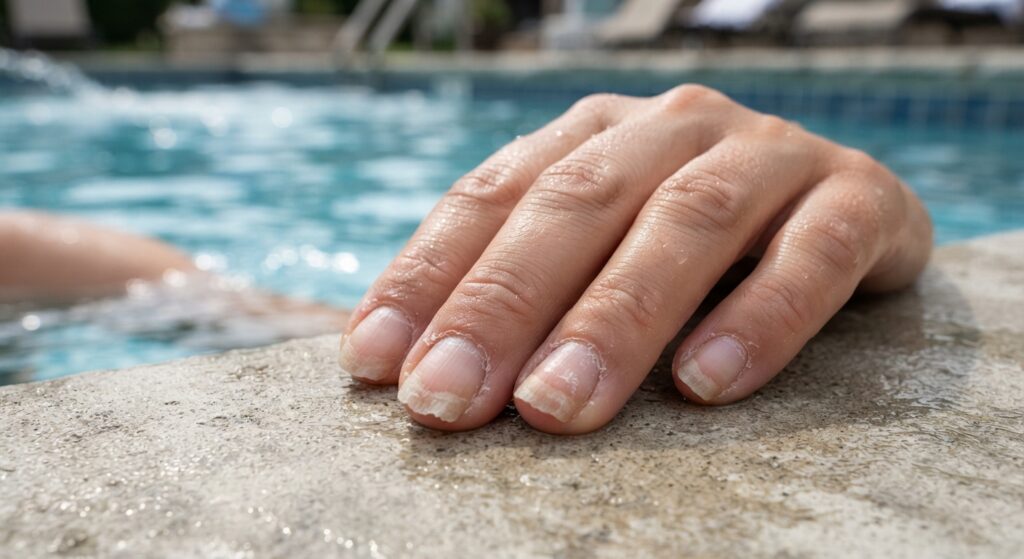 Close-up of chlorine damaged nails after swimming showing dry white tips and peeling cuticles