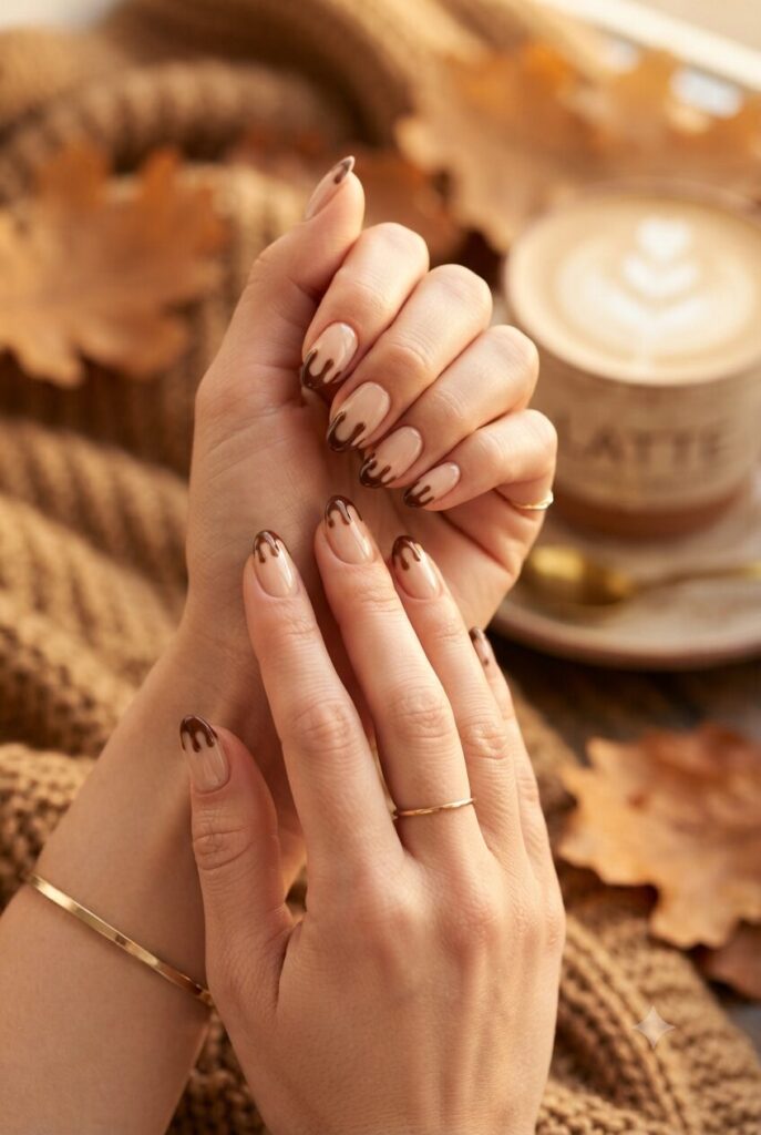 Short almond nails with brown chocolate drip art from tips