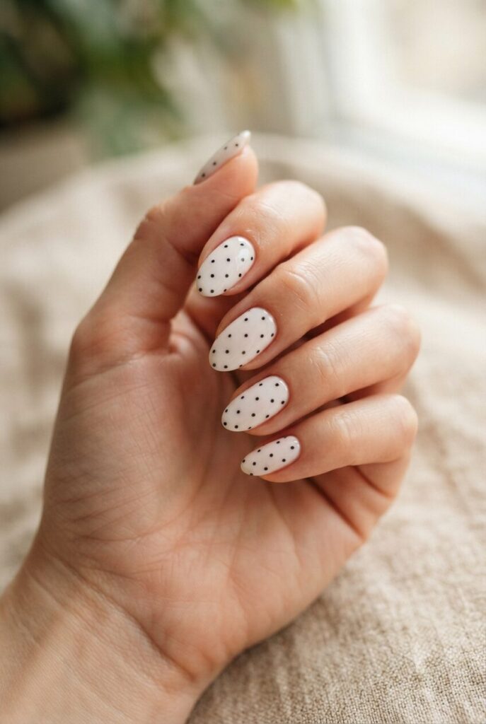 Short almond nails with white base and tiny black polka dots