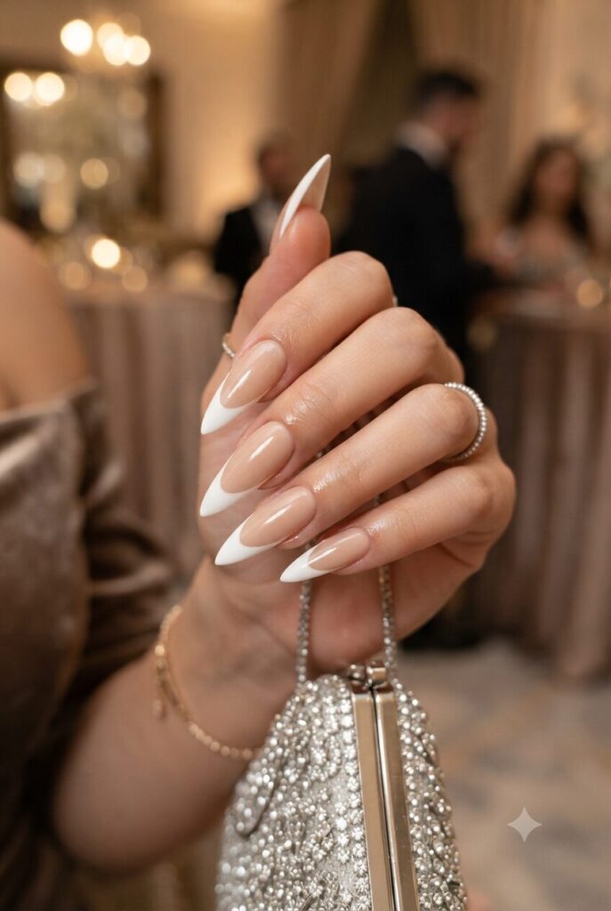 Long stiletto nails with classic bright white French tips