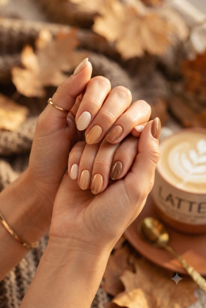 Short oval nails with beige tan and brown gradient polish