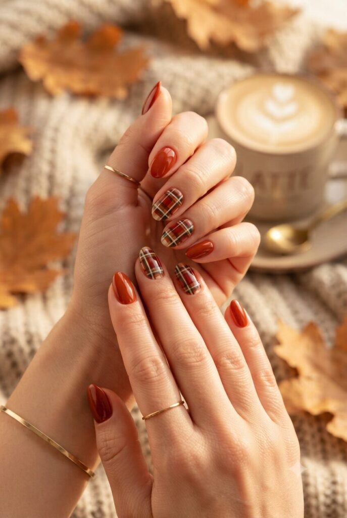 Short almond nails with red brown and beige plaid pattern accents