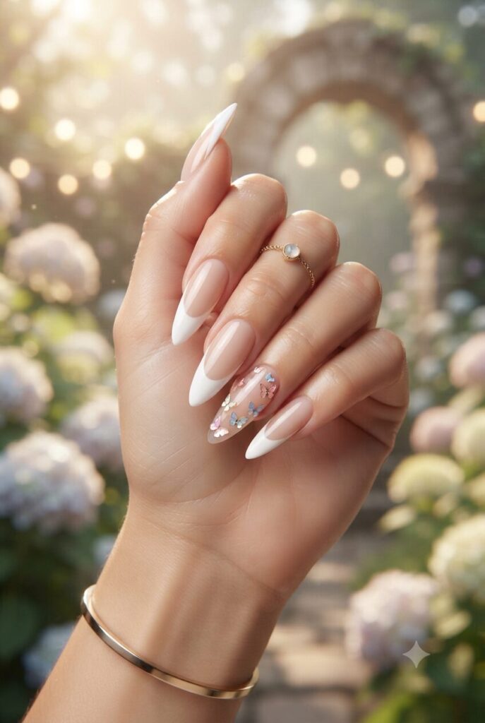 Long stiletto nails with white French tips and tiny butterfly accents