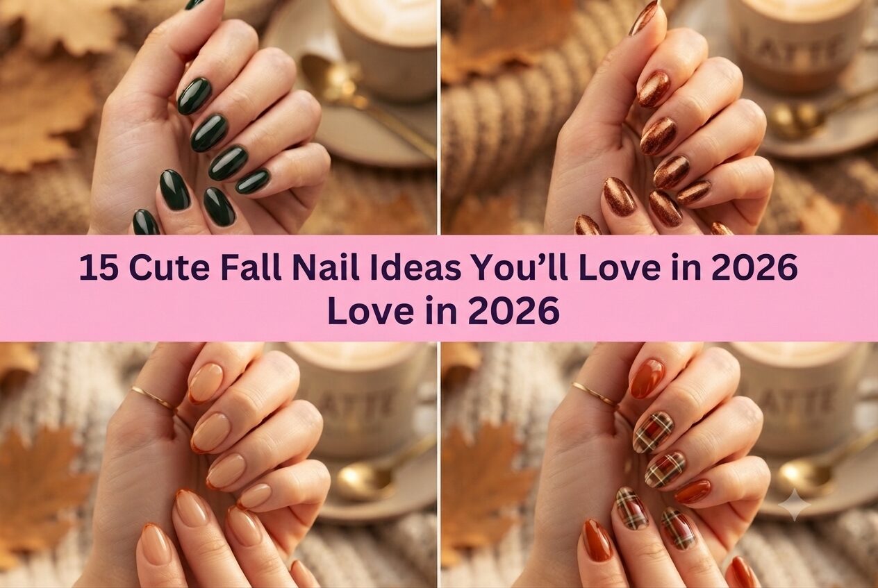 Collage of cute fall nail ideas for 2026 with cozy autumn designs