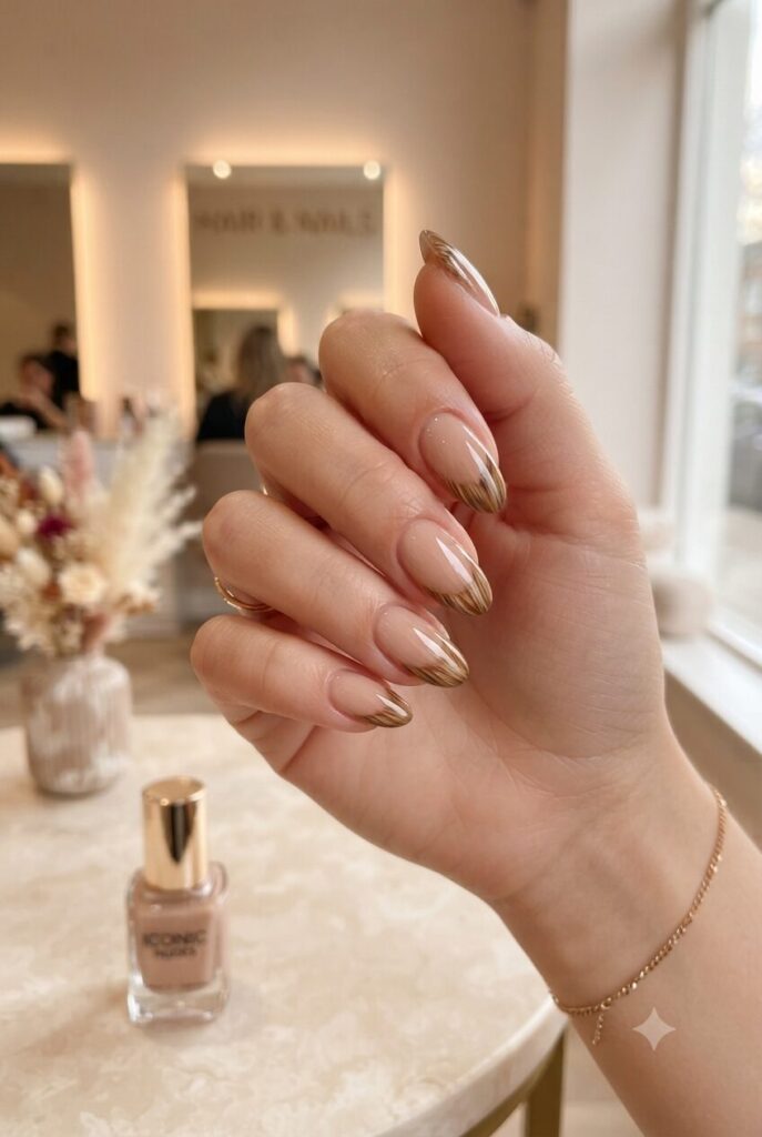 Short almond nails with soft brown blonde hair strand French tips