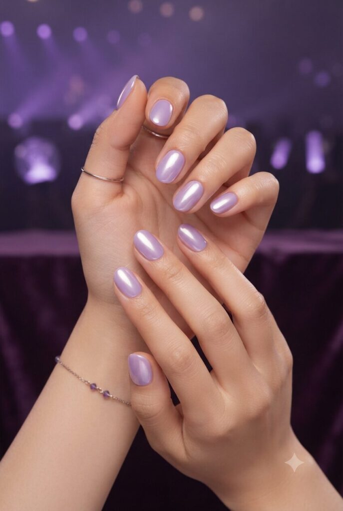 Short oval nails with lavender glazed glossy polish