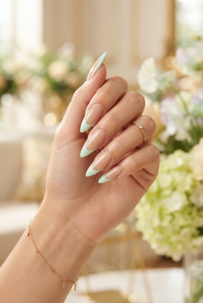 Long stiletto nails with soft mint green French tips