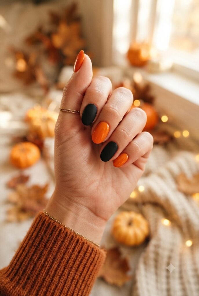 Short oval mismatch nails with orange or matte black polish